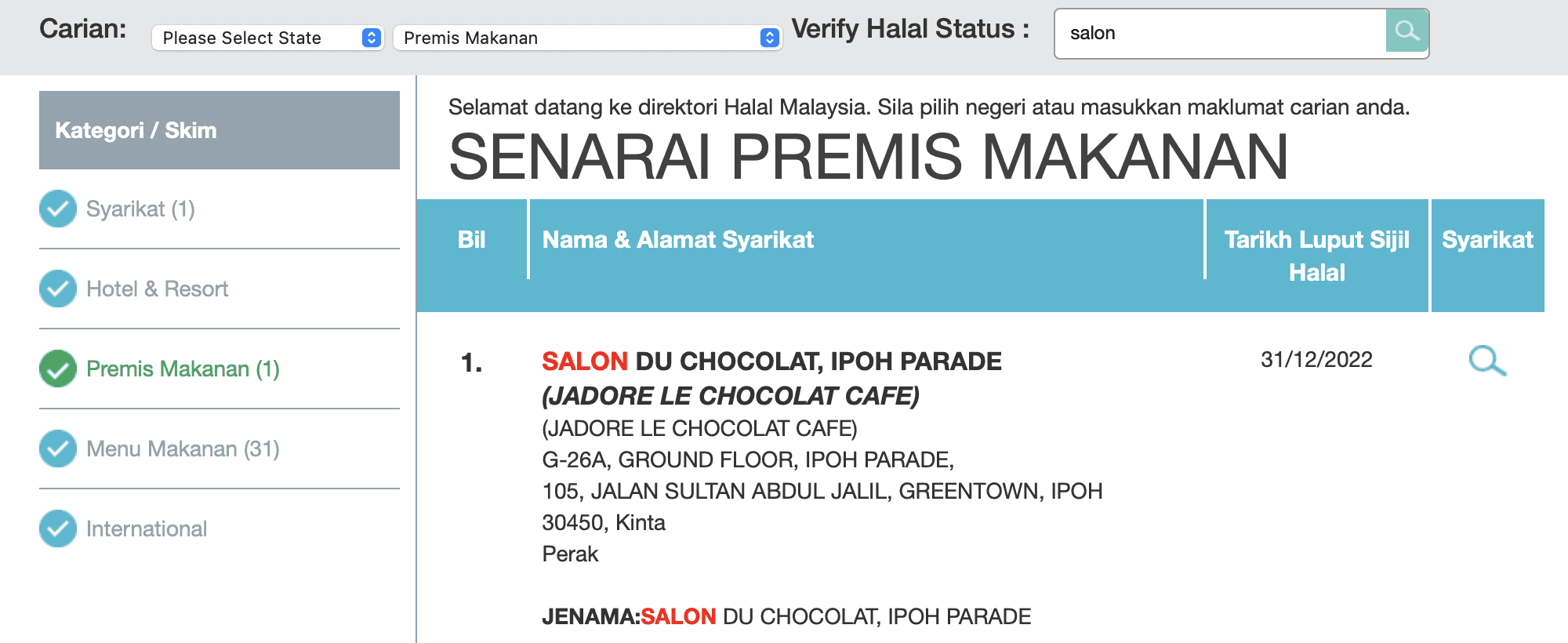 Salon Du Chocolat status halal JAKIM